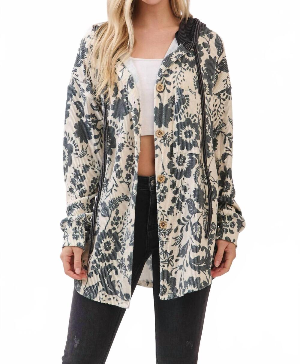 NEW BOMBOM floral ribbed knit hoodie shacket in gray, cream